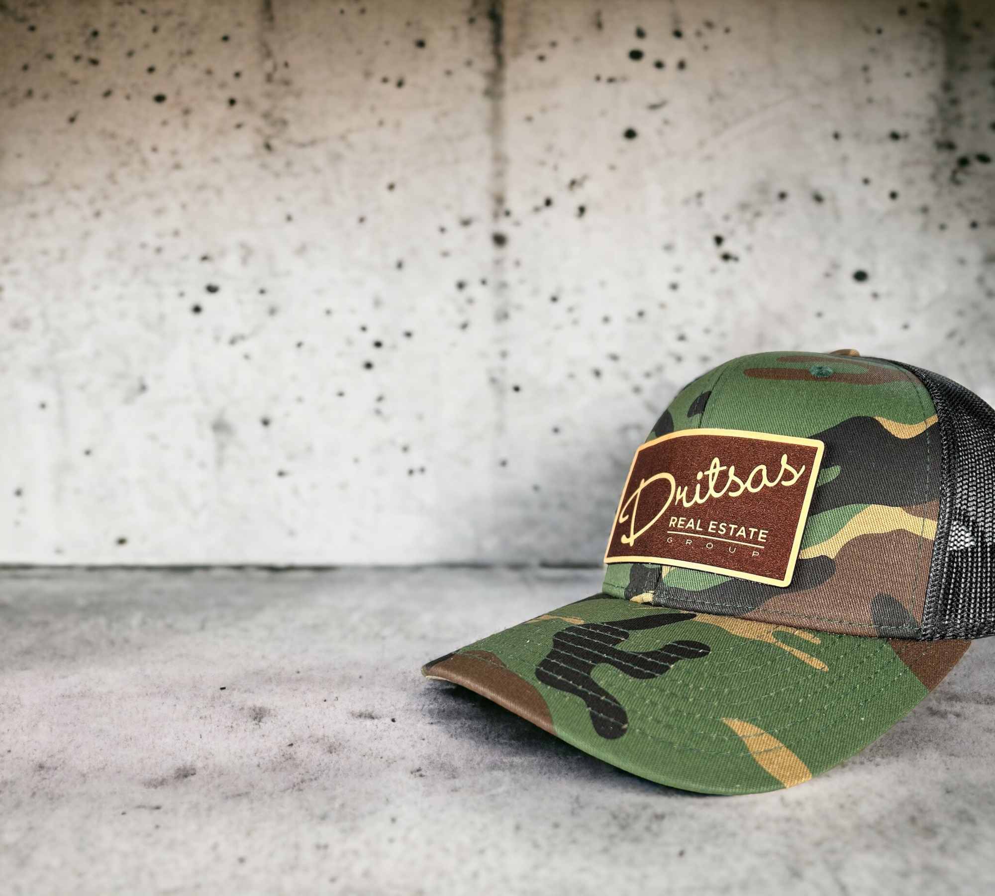 Camouflage Trucker Hat, Dritsas Realty Custom Leather Patch Logo 